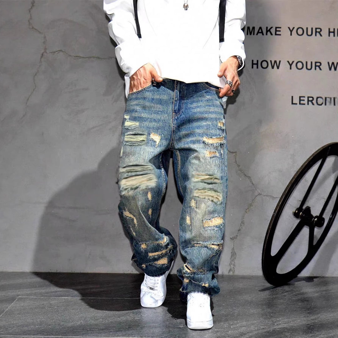 Street-style distressed loose wide-leg jeans