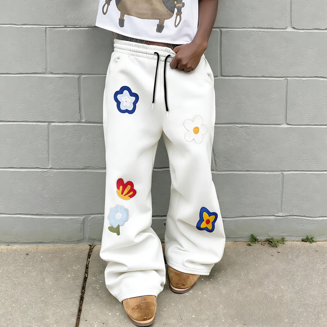 Vintage-style floral embroidered sweatpants