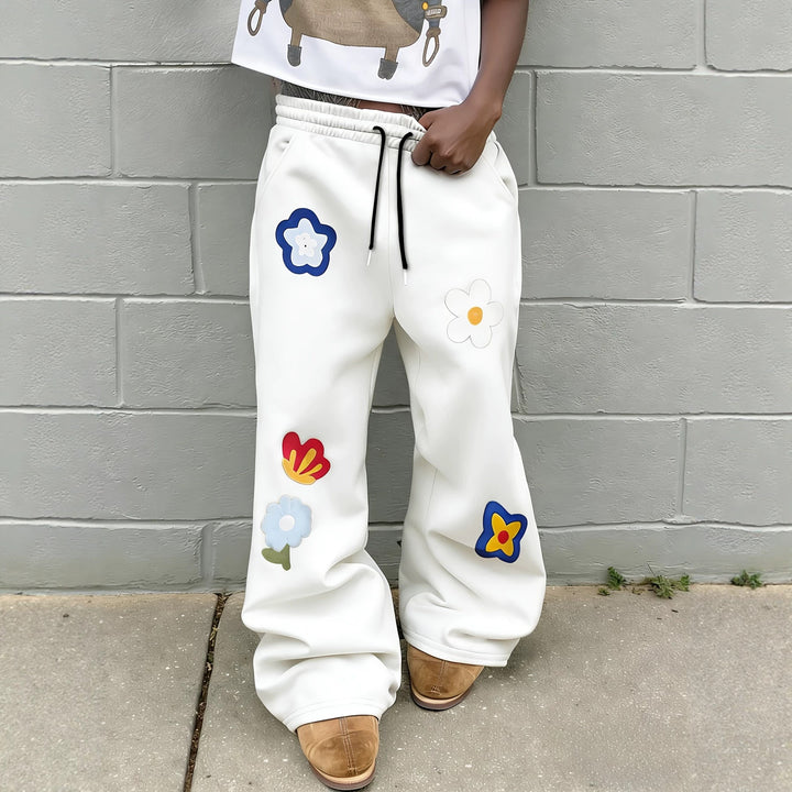 Vintage-style floral embroidered sweatpants
