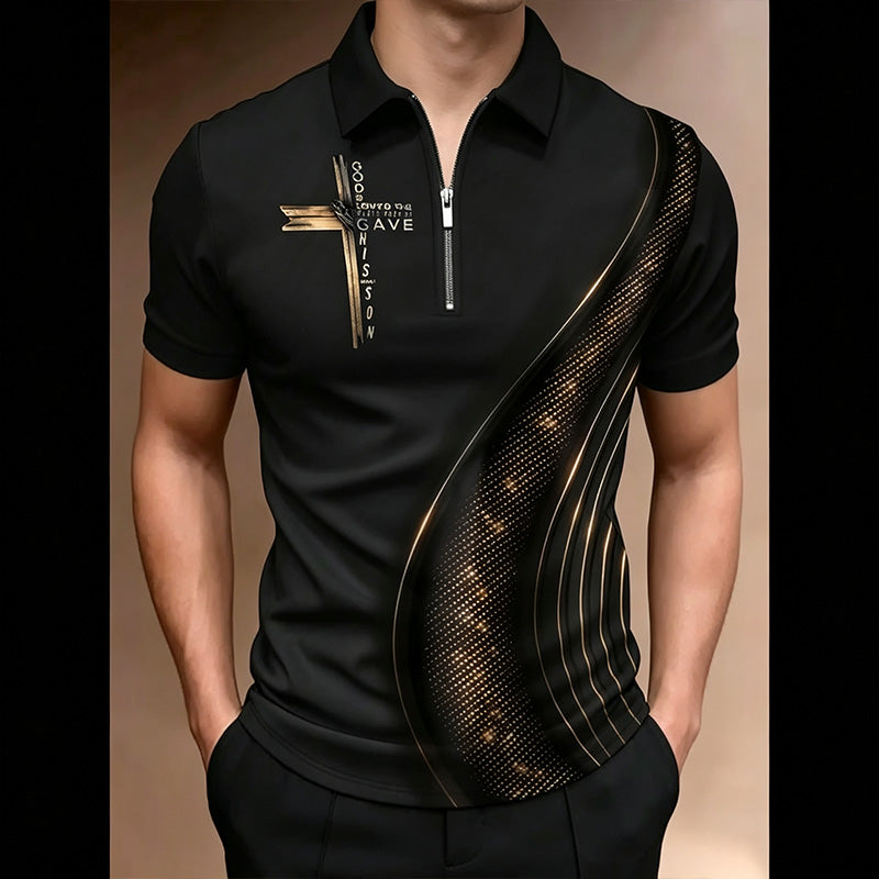 Short-sleeved polo shirt with a zip-up collar