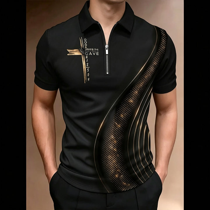 Short-sleeved polo shirt with a zip-up collar