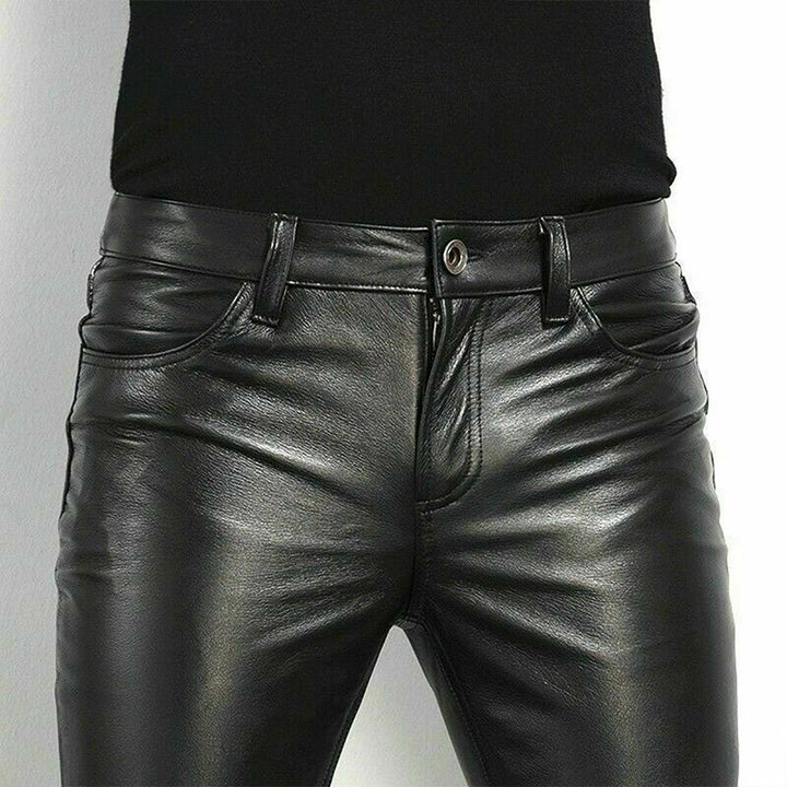 Street-style slim-fit stretch leather pants