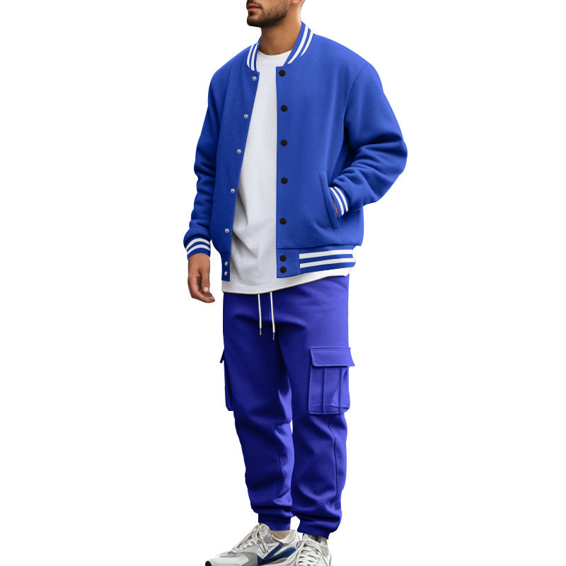 Men Fleece Lined Stand Collar Baseball Jacket Pants 2‑Piece Set