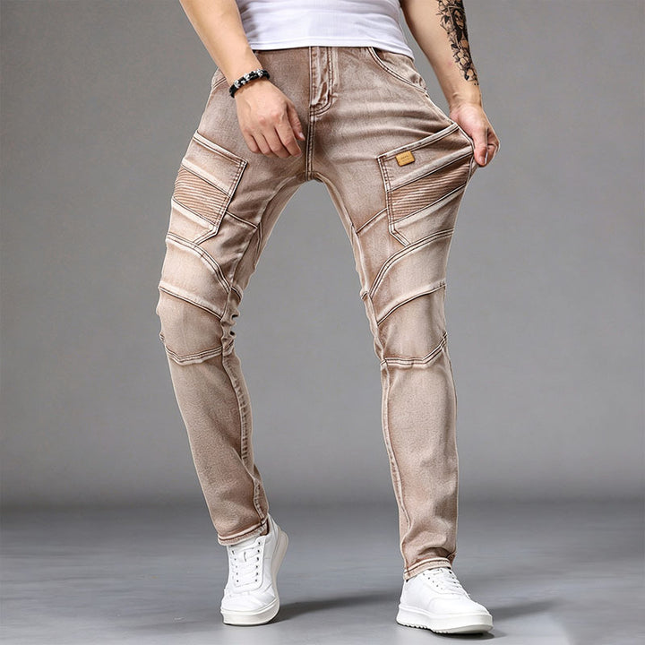Stylish paneled slim-fit biker-style jeans