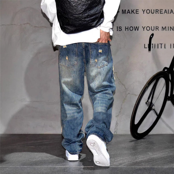 Street-style distressed loose wide-leg jeans