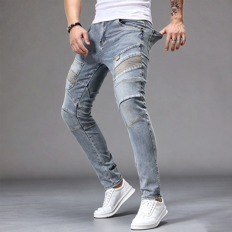 Stylish paneled slim-fit biker-style jeans
