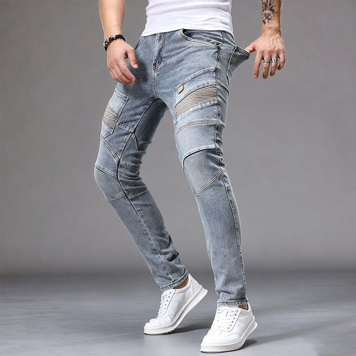 Stylish paneled slim-fit biker-style jeans