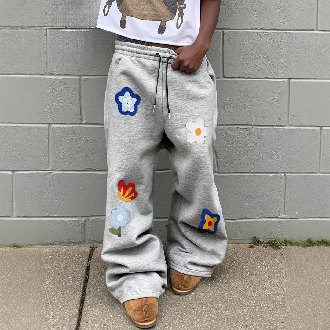 Vintage-style floral embroidered sweatpants