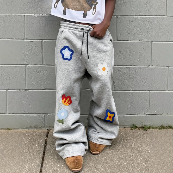 Vintage-style floral embroidered sweatpants