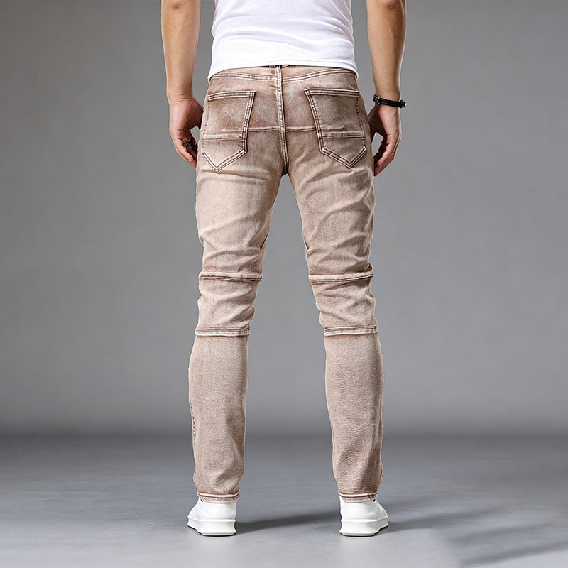 Stylish paneled slim-fit biker-style jeans