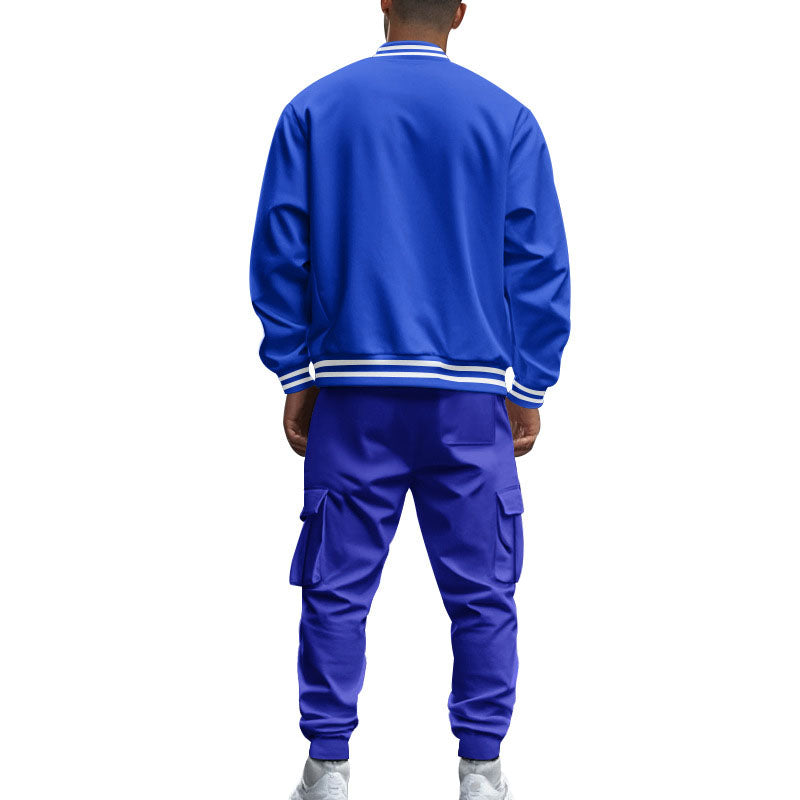 Men Fleece Lined Stand Collar Baseball Jacket Pants 2‑Piece Set