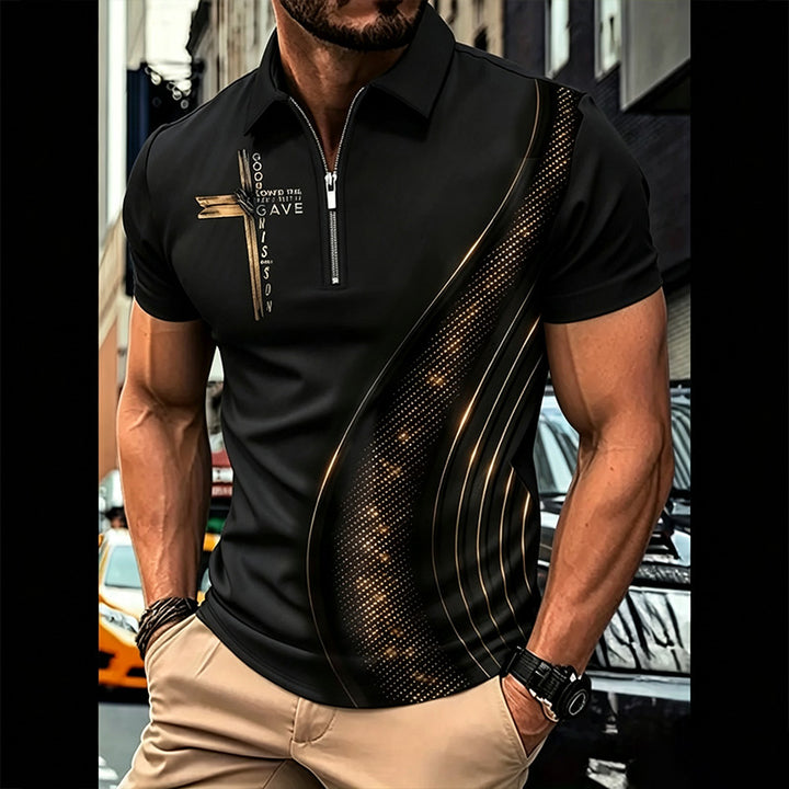 Short-sleeved polo shirt with a zip-up collar