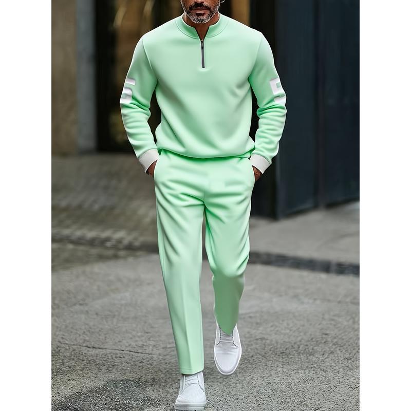 Half-open zipper long-sleeved printed polo shirt set