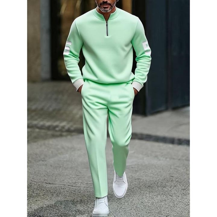 Half-open zipper long-sleeved printed polo shirt set