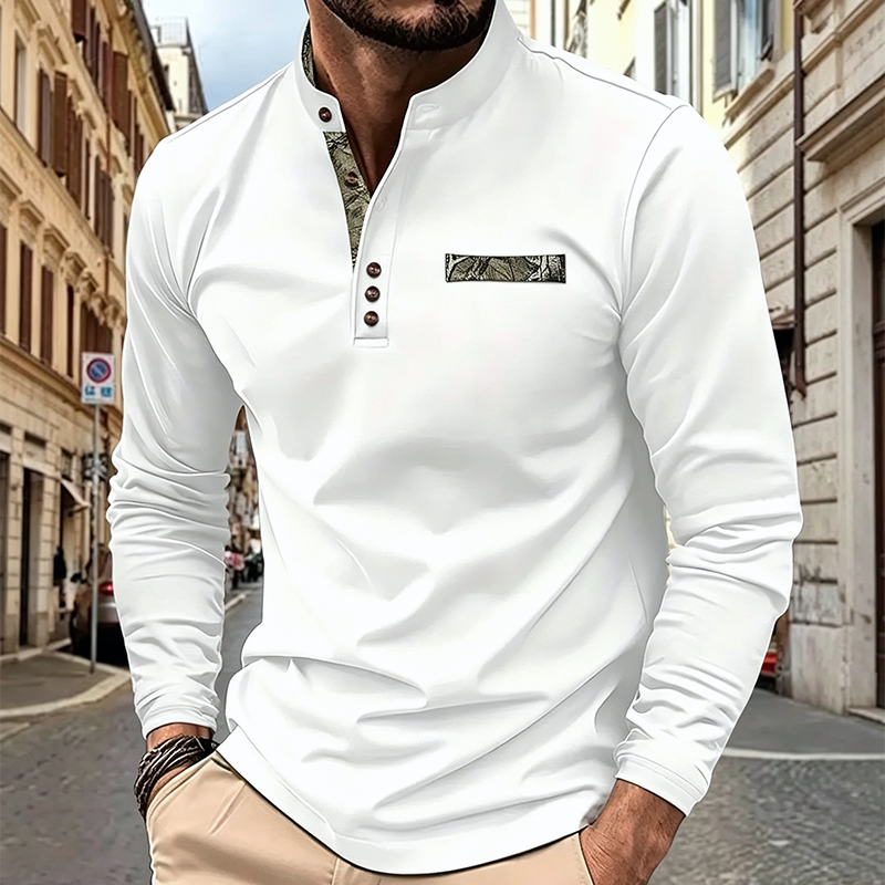 Men Patch Decor Henley Long Sleeve Tee