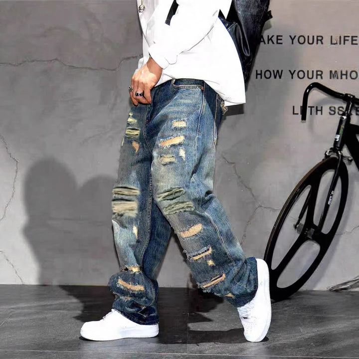 Street-style distressed loose wide-leg jeans