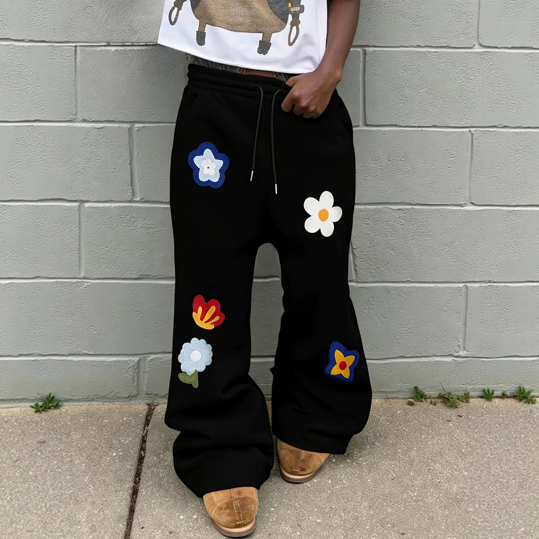 Vintage-style floral embroidered sweatpants
