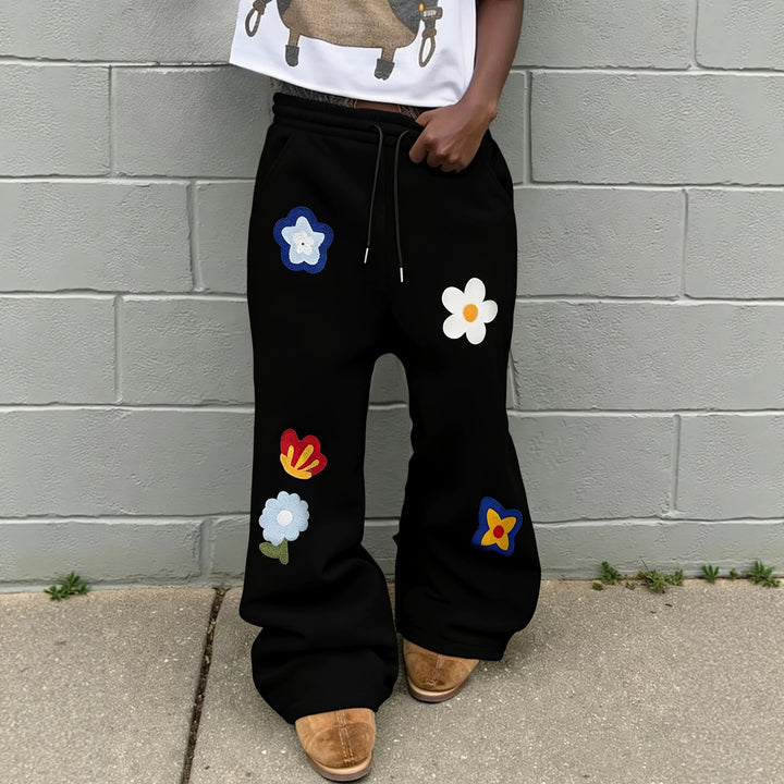 Vintage-style floral embroidered sweatpants