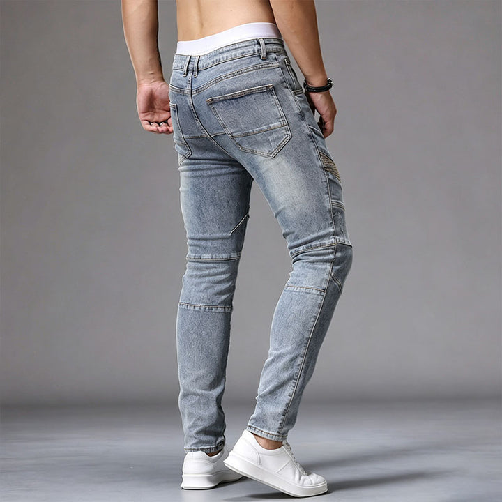Stylish paneled slim-fit biker-style jeans