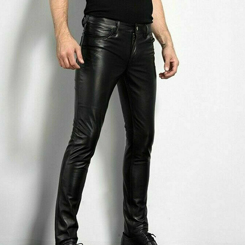 Street-style slim-fit stretch leather pants