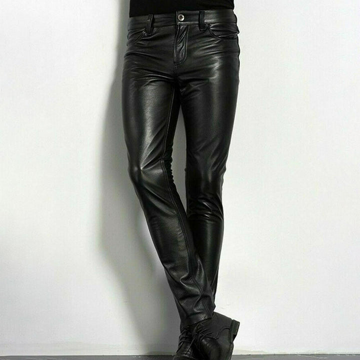 Street-style slim-fit stretch leather pants