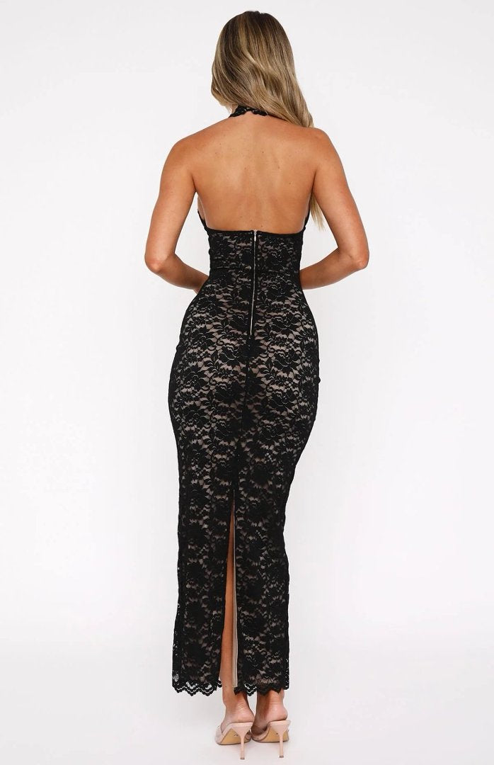 Onyx Halter Lace Maxi Dress