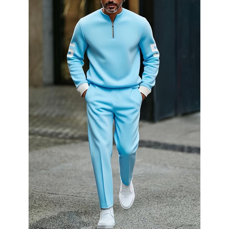 Half-open zipper long-sleeved printed polo shirt set
