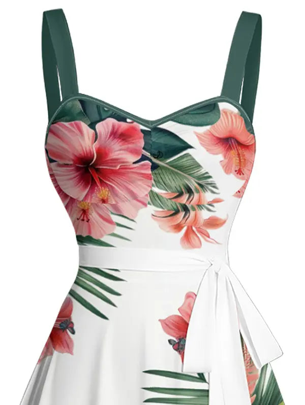 Couple Matching Tropical Hibiscus Print Vacation Outfit, Men 2Pcs Shirt &amp; Shorts Set + Women Spaghetti Strap Midi Dress
