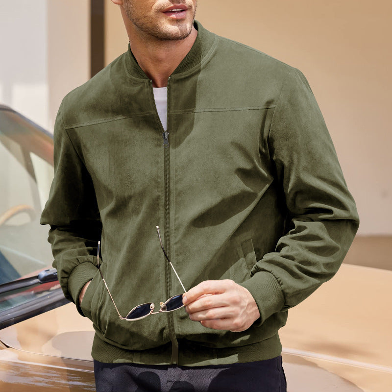 Long Sleeve Zip Front Suede Bomber Jacket