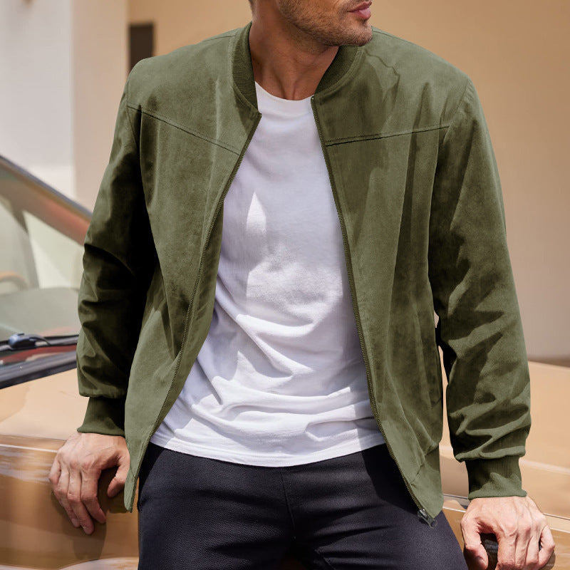 Long Sleeve Zip Front Suede Bomber Jacket