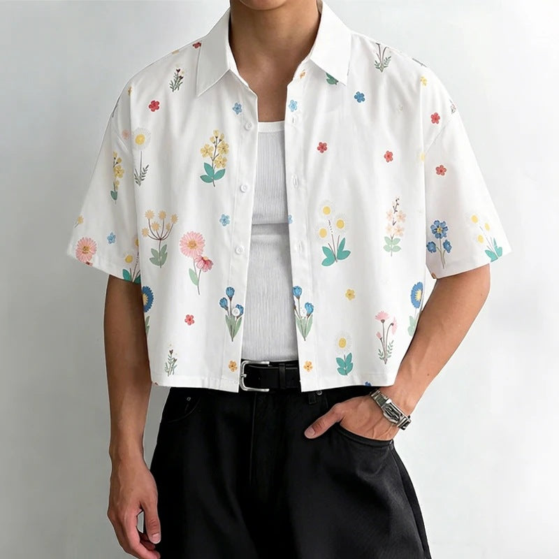 Cropped printed short-sleeve shirt