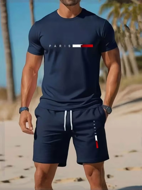 Gradient color short-sleeved crew neck top with drawstring casual shorts two-piece set