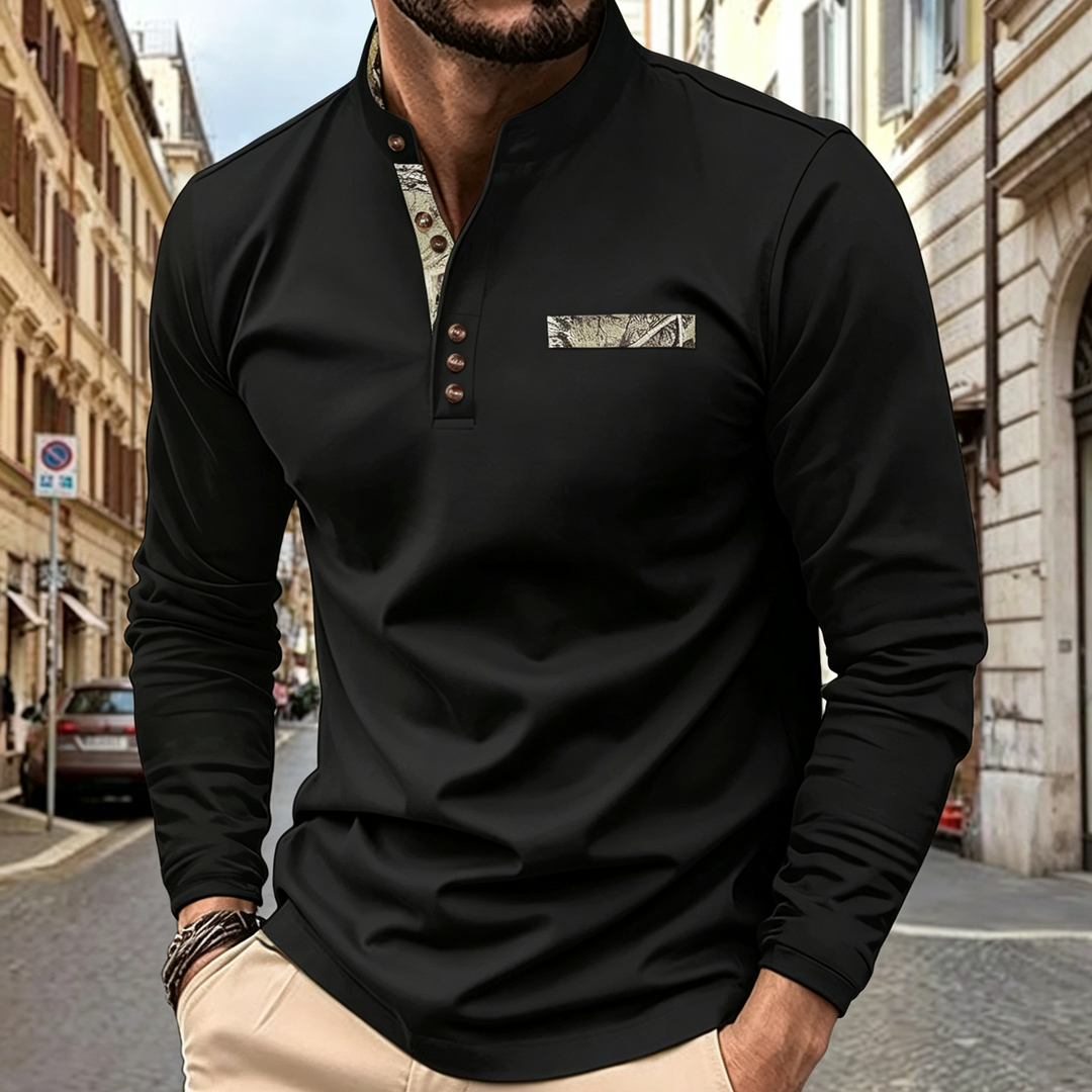Men Patch Decor Henley Long Sleeve Tee
