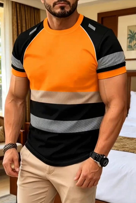 Stylish color-blocked striped short-sleeved shirt