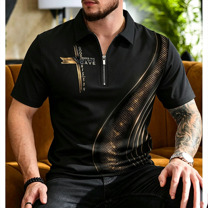 Short-sleeved polo shirt with a zip-up collar