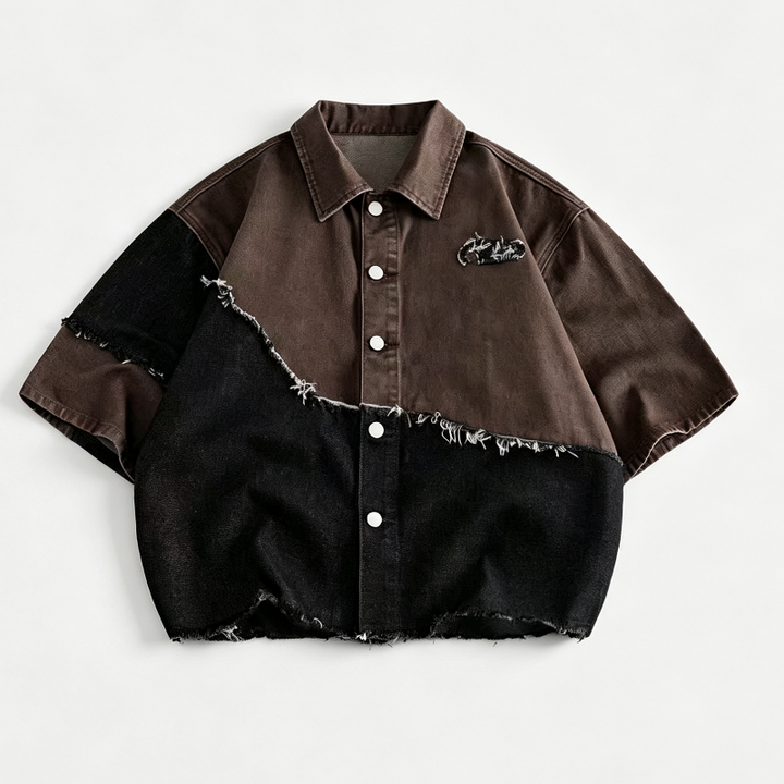 Vintage Raw‑Edge Patchwork Short Sleeve Shirt