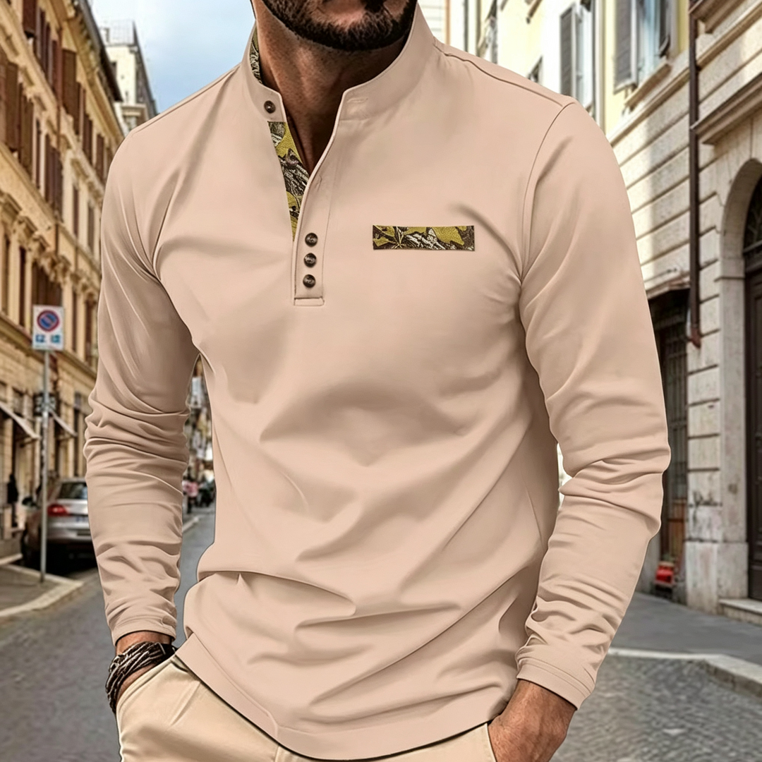 Men Patch Decor Henley Long Sleeve Tee