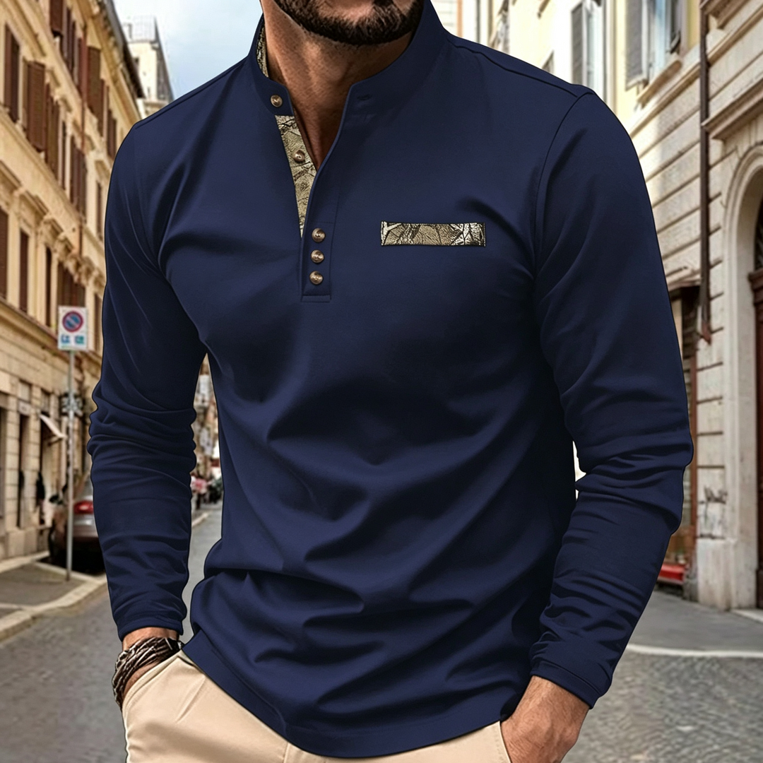 Men Patch Decor Henley Long Sleeve Tee