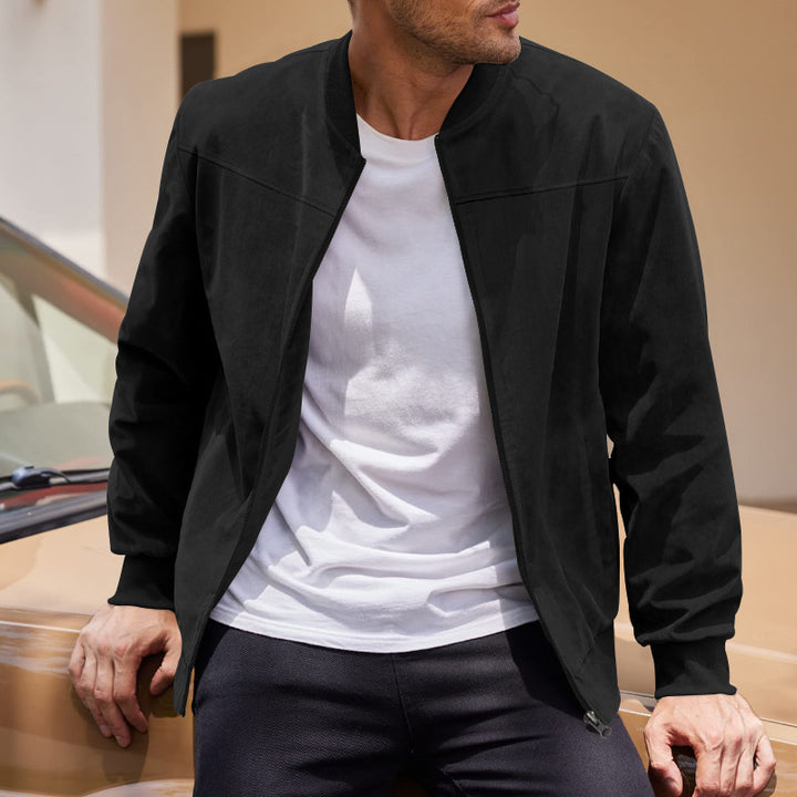 Long Sleeve Zip Front Suede Bomber Jacket
