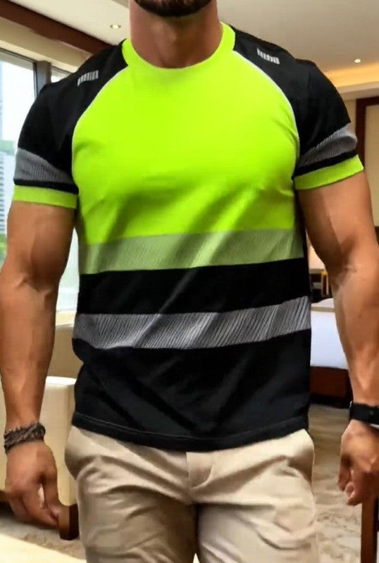 Stylish color-blocked striped short-sleeved shirt