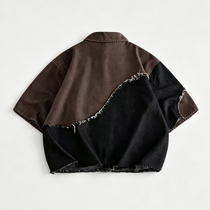 Vintage Raw‑Edge Patchwork Short Sleeve Shirt