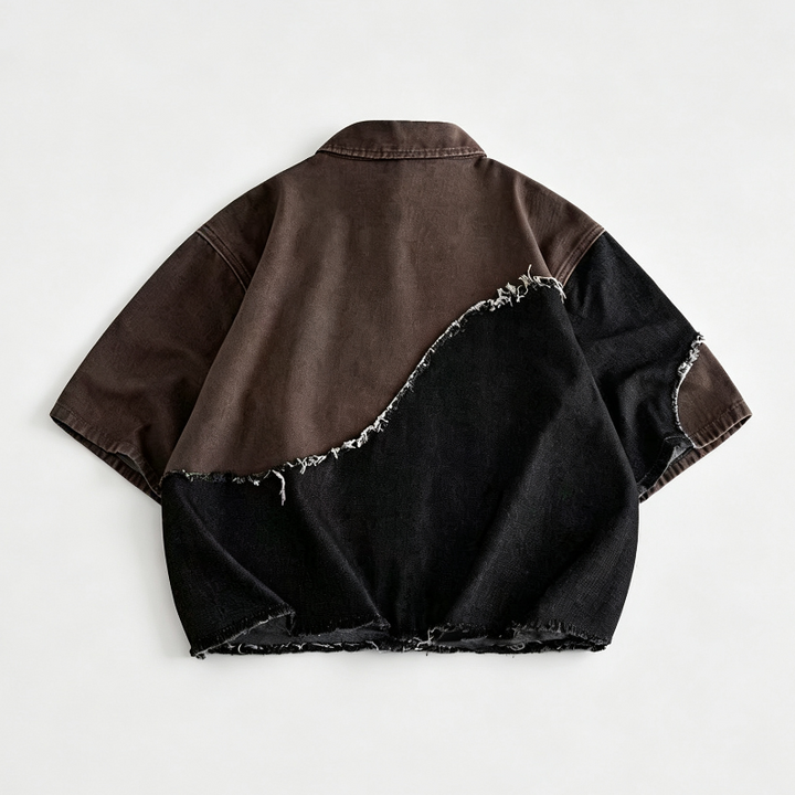 Vintage Raw‑Edge Patchwork Short Sleeve Shirt