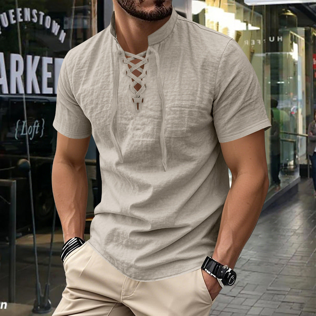 Casual Henry stand-up collar simple short-sleeved shirt