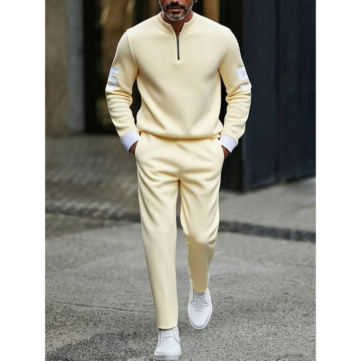 Half-open zipper long-sleeved printed polo shirt set