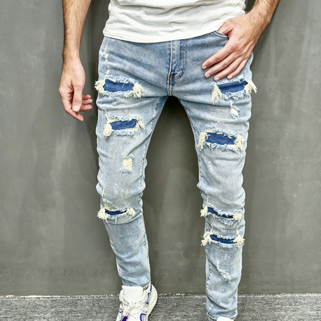 Mens Frayed Hole Slim Fit Stretch Jeans