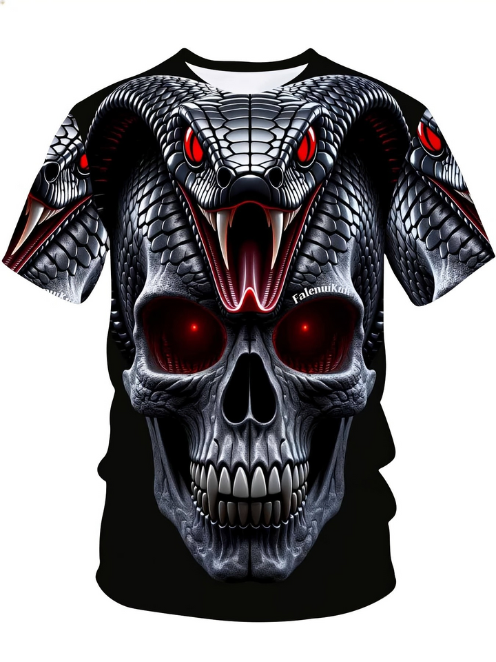 Retro Dark Skull and Cobra Pattern Summer T-Shirt