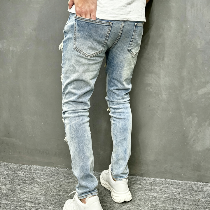 Mens Frayed Hole Slim Fit Stretch Jeans