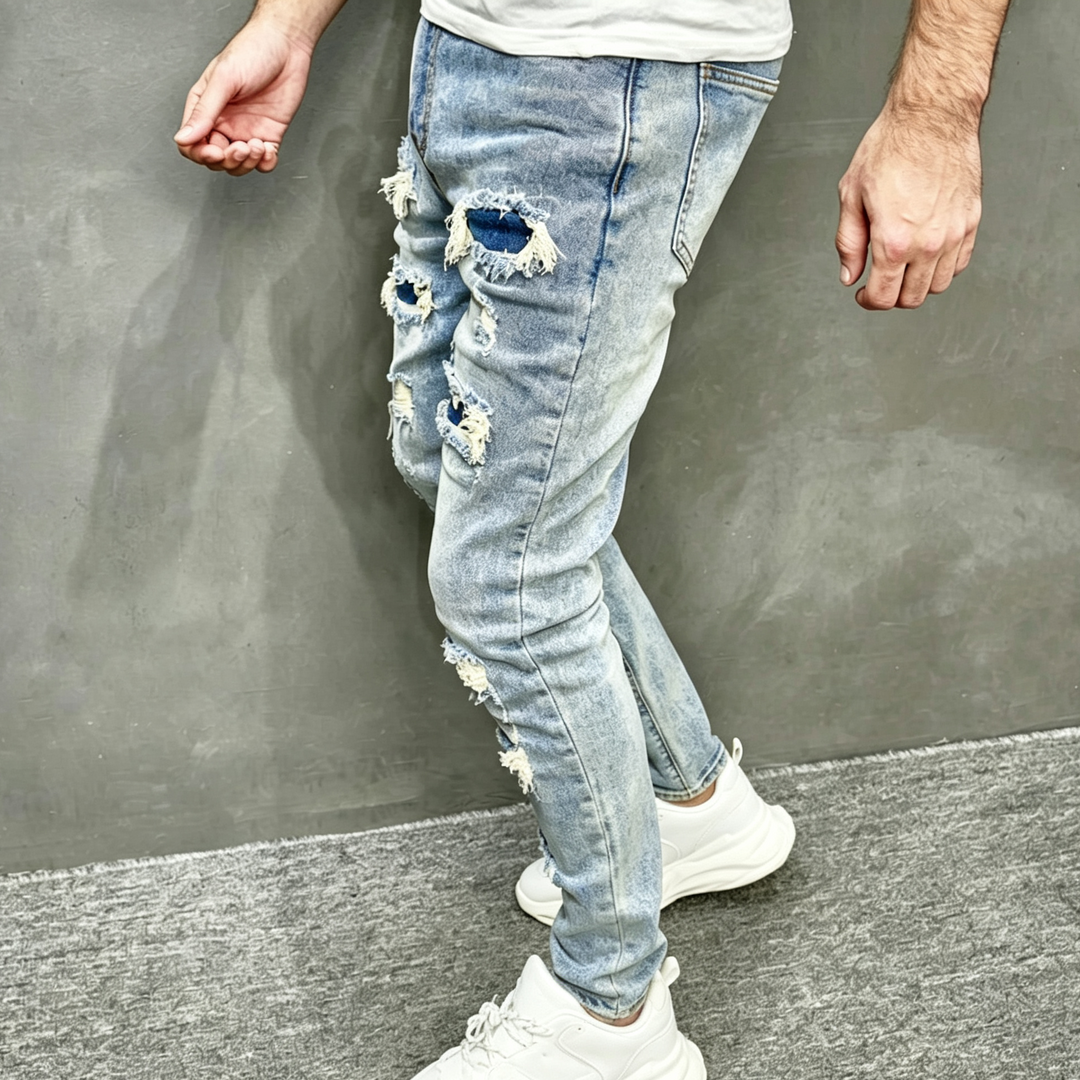 Mens Frayed Hole Slim Fit Stretch Jeans