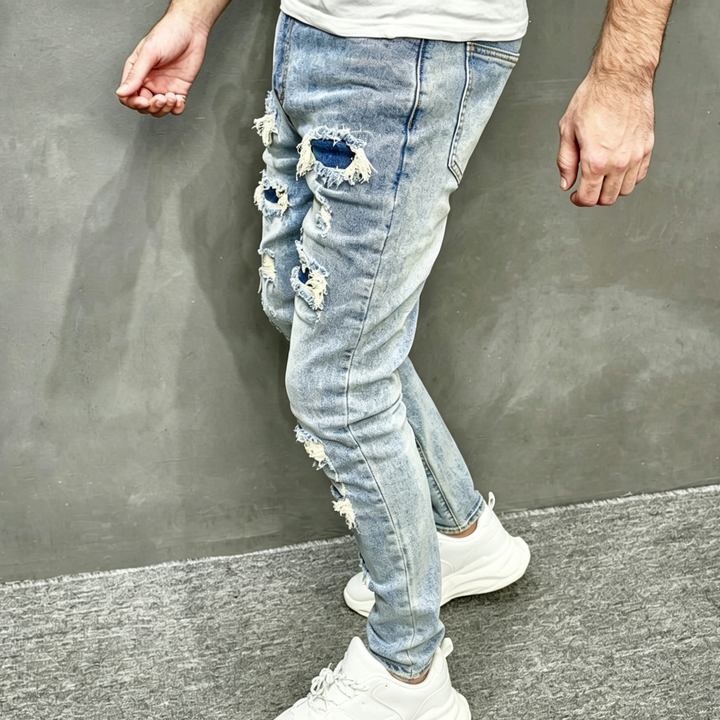 Mens Frayed Hole Slim Fit Stretch Jeans
