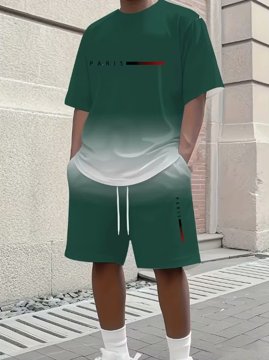 Gradient color short-sleeved crew neck top with drawstring casual shorts two-piece set